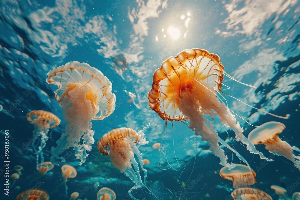Naklejka premium Jellyfishs swimming with other sea fishes in blue ocean underwater outdoors animal.