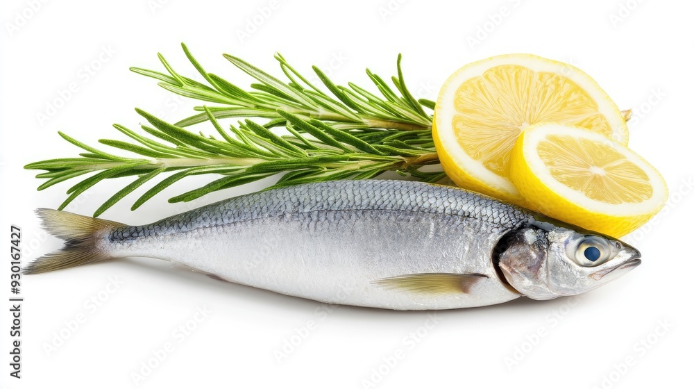 Two fresh sardines lie on a white background alongside slices of lemon and sprigs of rosemary, showcasing vibrant colors and natural elements Two fresh sardines lie on a white background alongside slices of lemon and sprigs of rosemary, showcasing vibrant colors and natural elements