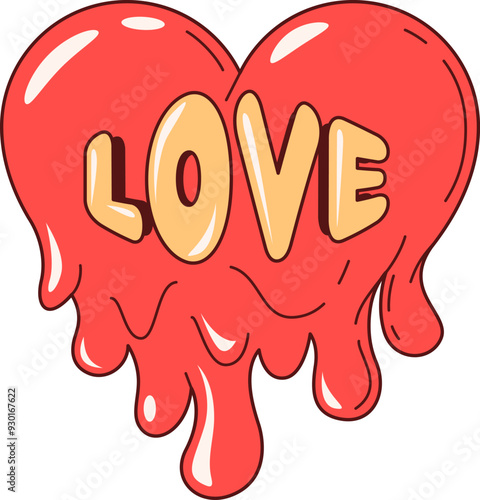 Retro y2k groovy love heart. Cartoon red melting hippie heart with drips in nostalgic psychedelic style of 60s. Isolated vector symbol of Valentines day, drug trip, love, romantic vibes or passion