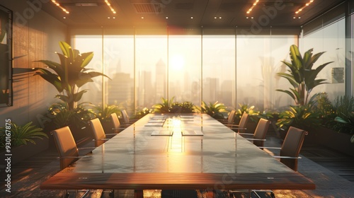Conference room bathed in natural light (selective focus, contemporary design, ethereal, Manipulation, Downtown view)