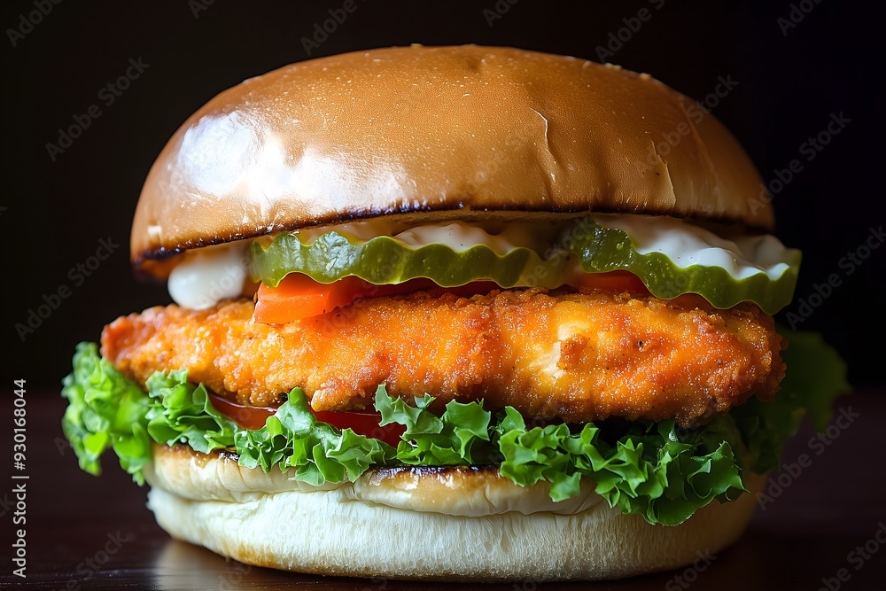 A delicious chicken sandwich with pickles, lettuce and tomato on a black background A delicious chicken sandwich with pickles, lettuce and tomato on a black background