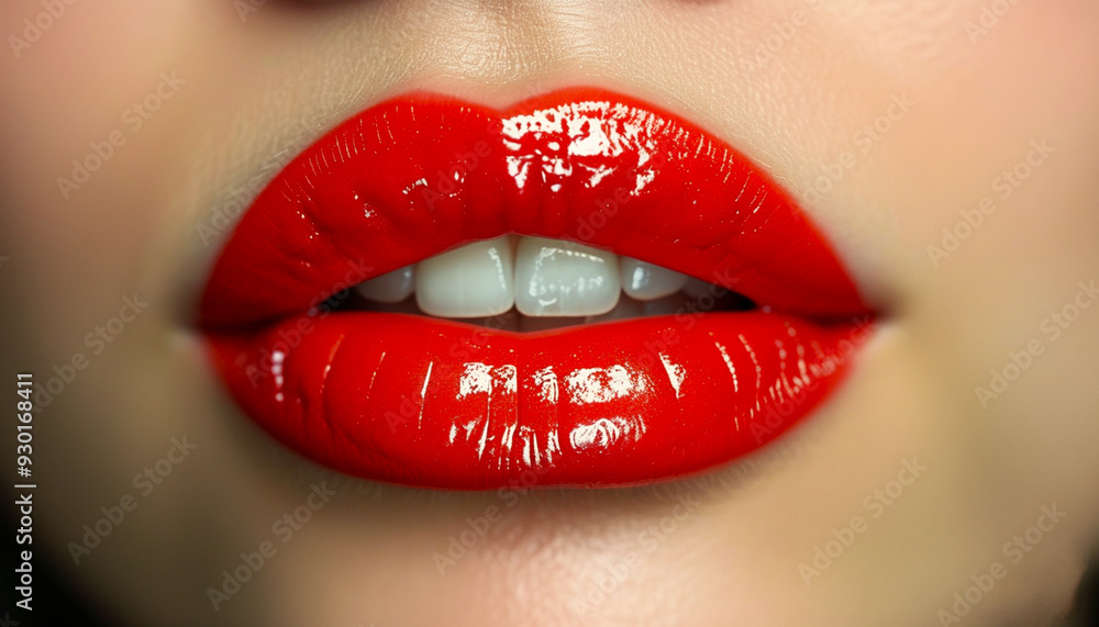 Close-up of luscious, red lips slightly parted, revealing a hint of teeth, with a glossy finish Close-up of luscious, red lips slightly parted, revealing a hint of teeth, with a glossy finish