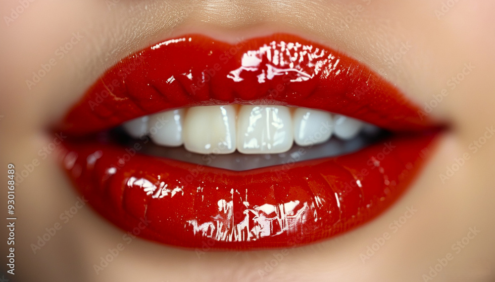 Fototapeta premium Close-up of luscious, red lips slightly parted, revealing a hint of teeth, with a glossy finish.
