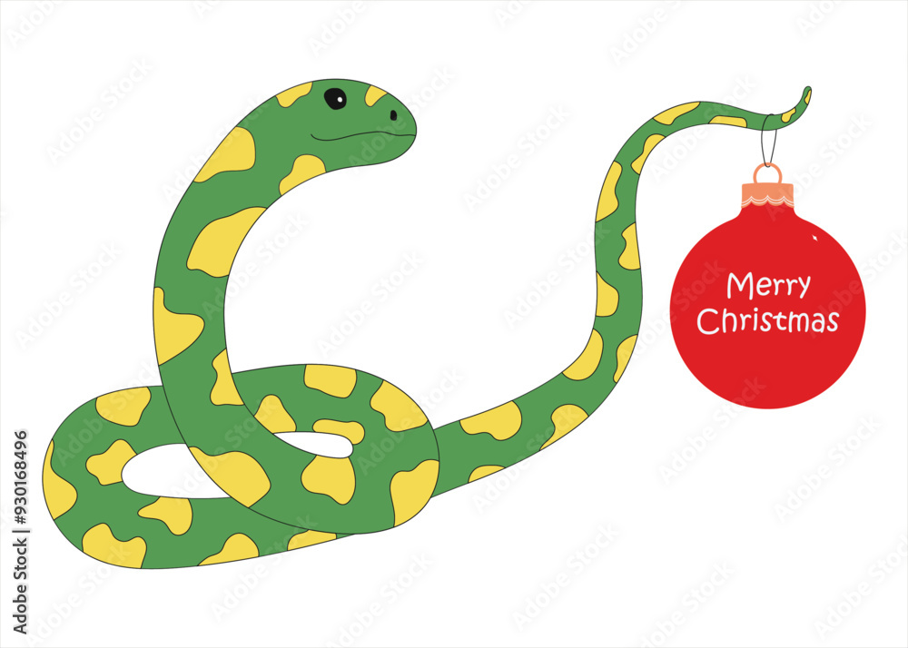 Fototapeta premium Christmas ball and a snake. 2025 New Year. Year of the snake. Merry Christmas and Happy New Year. Green and red vector illustration on transparent background.