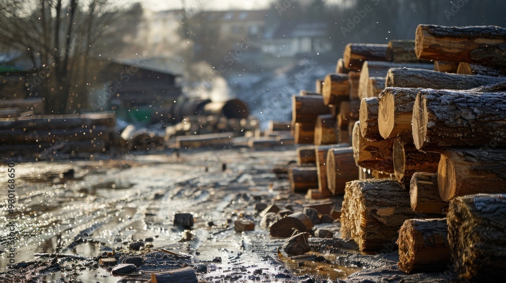 Freshly Chopped Logs at the Sawmill A Pile of Timber Ready for Processing, Witness the Transformation of Raw Lumber into Valuable Materials at a Busy Sawmill Operation Freshly Chopped Logs at the Sawmill A Pile of Timber Ready for Processing, Witness the Transformation of Raw Lumber into Valuable Materials at a Busy Sawmill Operation