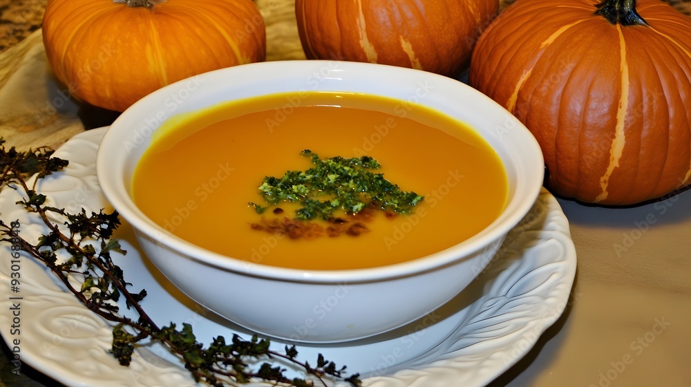 A bowl of creamy pumpkin soup garnished with fresh herbs, served alongside whole pumpkins. A bowl of creamy pumpkin soup garnished with fresh herbs, served alongside whole pumpkins.