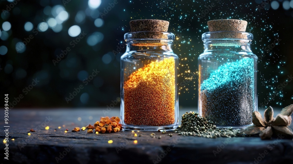 Vibrant spices in glass jars with sparkling particles, creating a magical culinary atmosphere for food lovers. Vibrant spices in glass jars with sparkling particles, creating a magical culinary atmosphere for food lovers.
