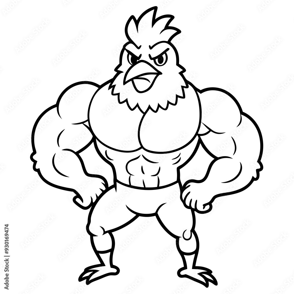Fototapeta premium A ferocious angry chicken athlete posing line art vector illustration