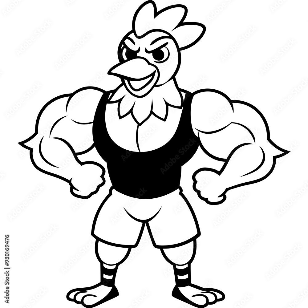 Fototapeta premium A ferocious angry chicken athlete posing line art vector illustration