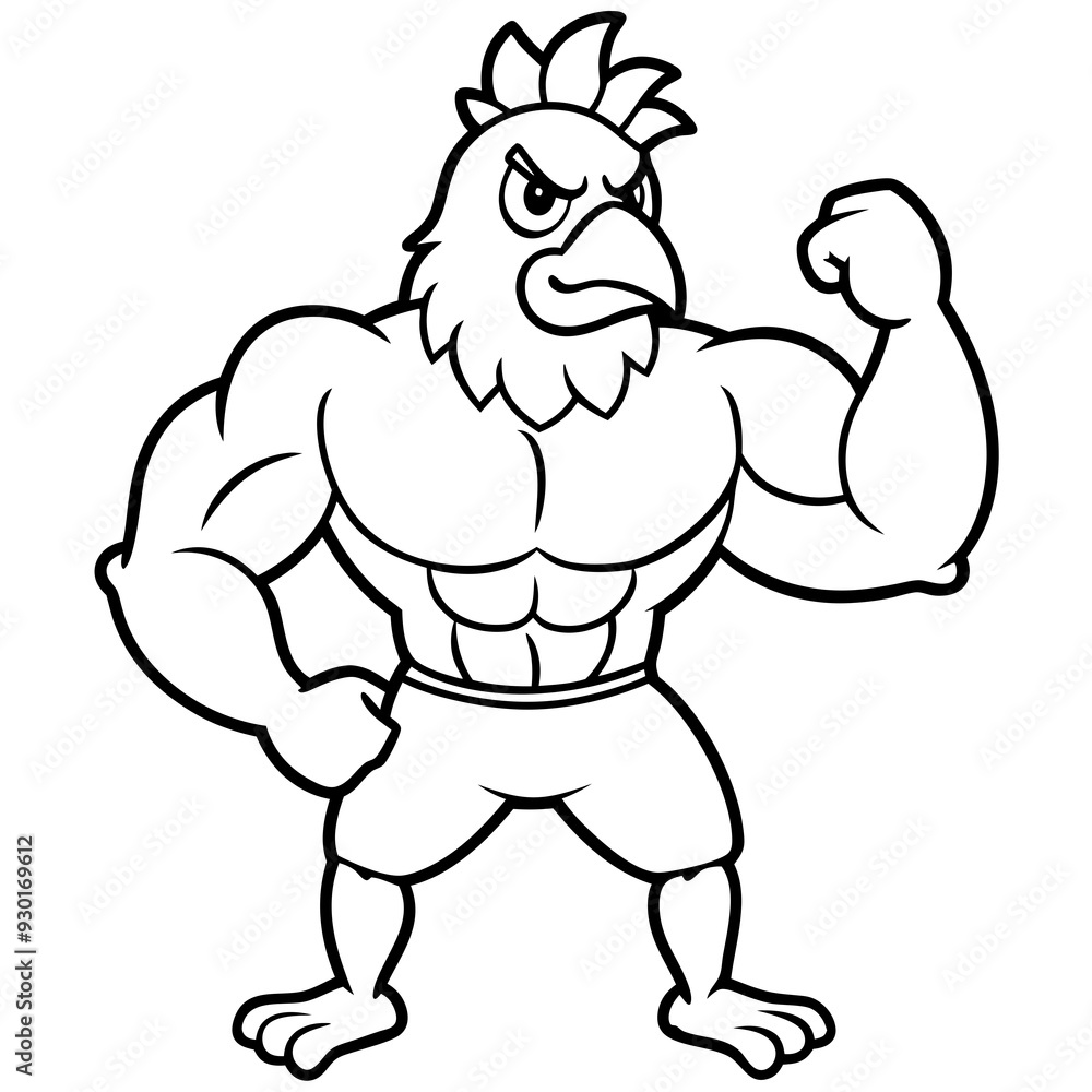 Fototapeta premium A ferocious angry chicken athlete posing line art vector illustration