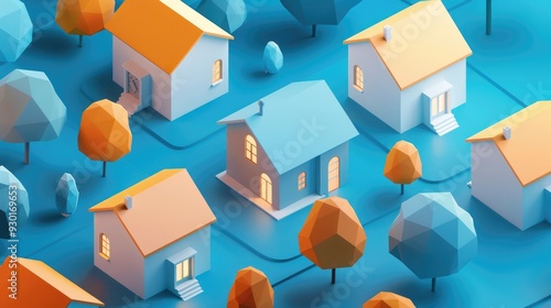 Real estate background with cartoon homes and trees in blue color hues. Real estate banner with small town illustration in minimalist aesthetic and simple designs.