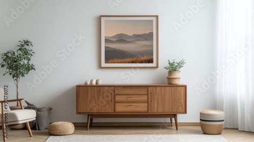 Mid-century modern living room with sleek walnut sideboard and minimalist decor