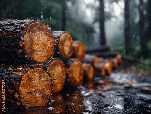 Stacked Logs in a Forest A Raw Material for the Sawmill Industry, Representing Timber Stock and the Importance of Sustainable Forestry Practices photo