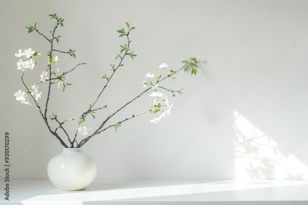 A delicate arrangement of cherry blossom branches in a minimalist white vase, set on a clean, white table. A delicate arrangement of cherry blossom branches in a minimalist white vase, set on a clean, white table.