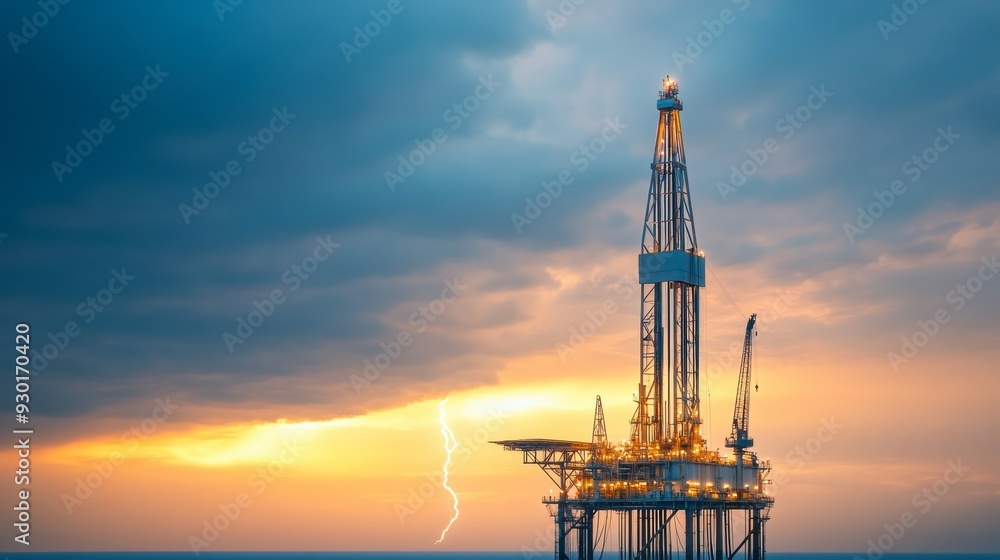 An offshore oil rig stands tall against a dramatic sky filled with lightning and sunset hues, showcasing the power of nature and industry. An offshore oil rig stands tall against a dramatic sky filled with lightning and sunset hues, showcasing the power of nature and industry.
