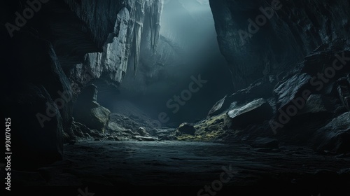Dark cave interior with rugged rocks and eerie lighting, cinematic photo