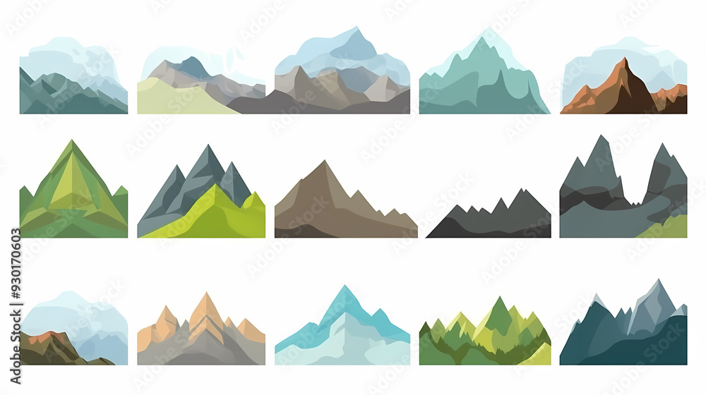 Mountain landscape vector illustration set, collection of mountains in flat design style Mountain landscape vector illustration set, collection of mountains in flat design style