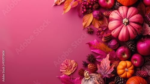 Fuchsia pink Thanksgiving background with autumn foliage, pine cones, pumpkins, apples and dried leaves as well as blank space for text, additional images and advertisement-marketing materials.