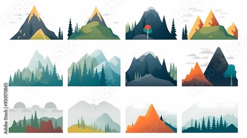 Mountain landscape vector illustration set, collection of mountains in flat design style