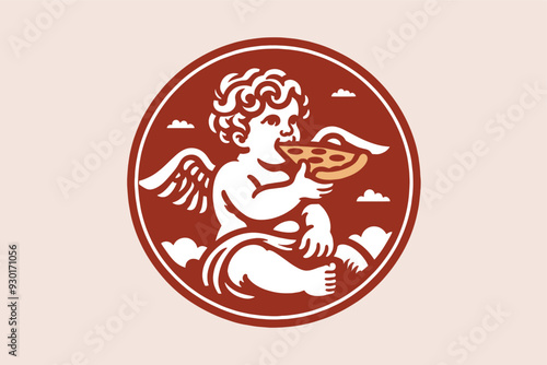 Sweet little angel baby Cupid eats pizza. Vintage vector engraved round pizzeria emblem, logo, icon