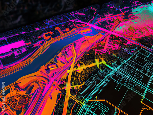 Technical aerial visual, 3D LiDAR GIS aerial map satellite scan model isolated, showing Paterson,  New Jersey. Elevation, topography, render photo