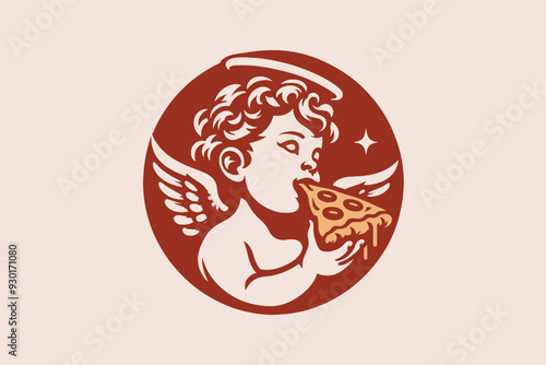 Sweet little angel baby Cupid eats pizza. Vintage vector engraved round pizzeria emblem, logo, icon