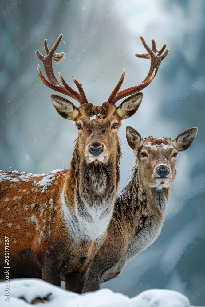 Fototapeta premium Portrait photo of two deers in the woods during winter. Wildlife photography phone wallpaper.