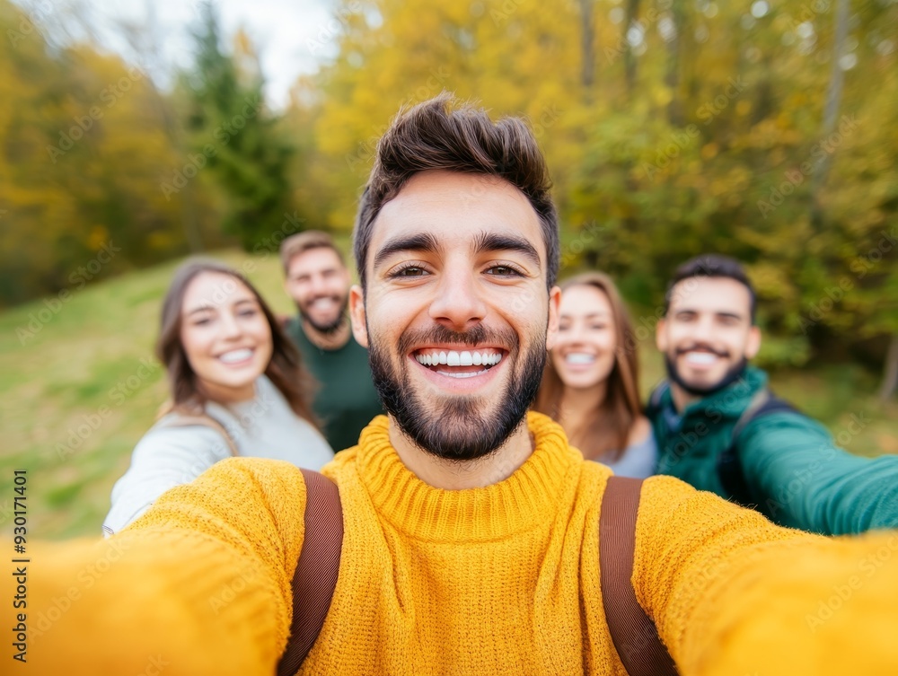 Cheerful group of friends taking a selfie outdoors in autumn, showcasing joy and connection amidst beautiful seasonal colors. Cheerful group of friends taking a selfie outdoors in autumn, showcasing joy and connection amidst beautiful seasonal colors.
