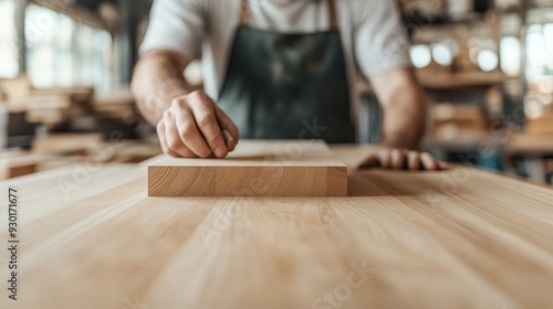 Close up of a carpenter's hand marking a piece of wood in a workshop.