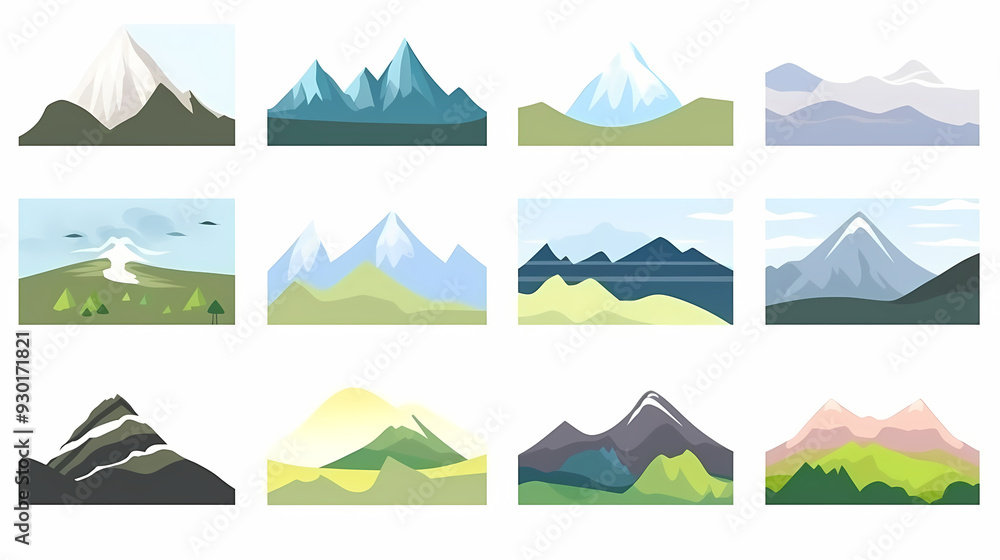 Mountain landscape vector illustration set, collection of mountains in flat design style Mountain landscape vector illustration set, collection of mountains in flat design style