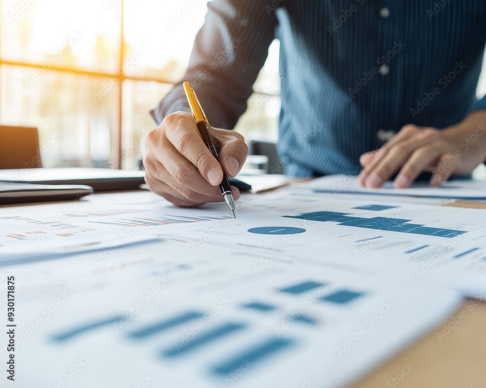 Close-up of a businessman's hand writing on a document with charts and graphs. He is working on a desk in a well-lit office. Close-up of a businessman's hand writing on a document with charts and graphs. He is working on a desk in a well-lit office.