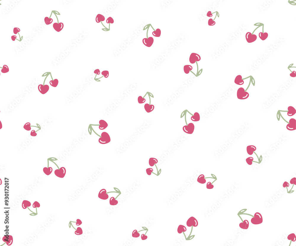 Cute small cherries of form red hearts. Seamless pattern for girl for dress, skirt, scarf, textile, fashion fabric print. Vector illustration Cute small cherries of form red hearts. Seamless pattern for girl for dress, skirt, scarf, textile, fashion fabric print. Vector illustration