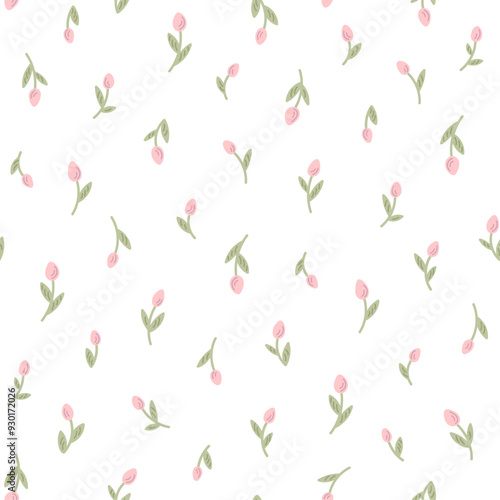 Beautiful pink cute small flower tulip, floral seamless pattern for girl, fashion fabric print of pretty ditsy style. Vector illustration