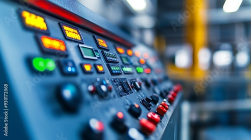 Close-up of a control panel showcasing illuminated buttons and displays in a modern industrial setting.