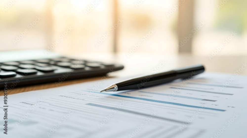 Close-up of a paper document, calculator, and pen on a wooden table, ideal for financial or business presentations. Close-up of a paper document, calculator, and pen on a wooden table, ideal for financial or business presentations.