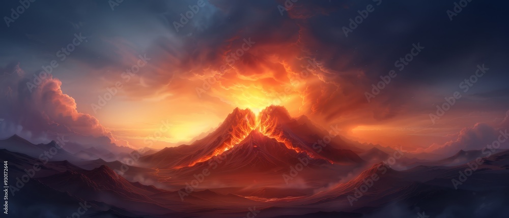 A painting of a mountain amidst a cloudy sky, crowned by a brilliant orange light at its peak A painting of a mountain amidst a cloudy sky, crowned by a brilliant orange light at its peak