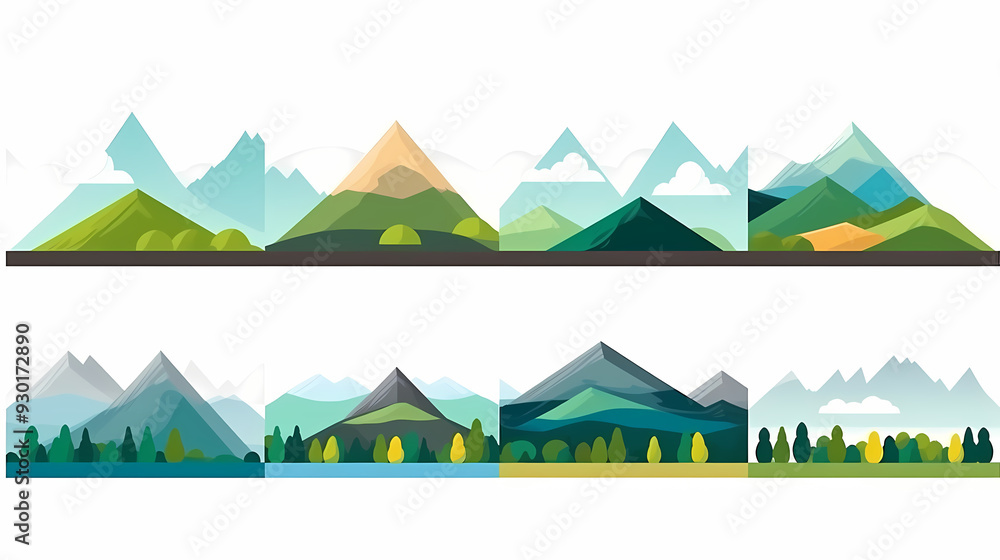 Mountain landscape vector illustration set, collection of mountains in flat design style Mountain landscape vector illustration set, collection of mountains in flat design style