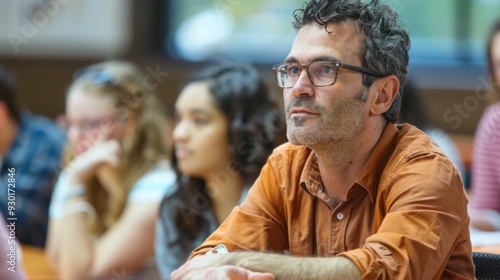 A teacher attentively listens to his students while they participate in a discussion in an adult education classroom photo