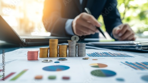 Close-up of coins on a chart, representing financial growth and analysis in a business setting.