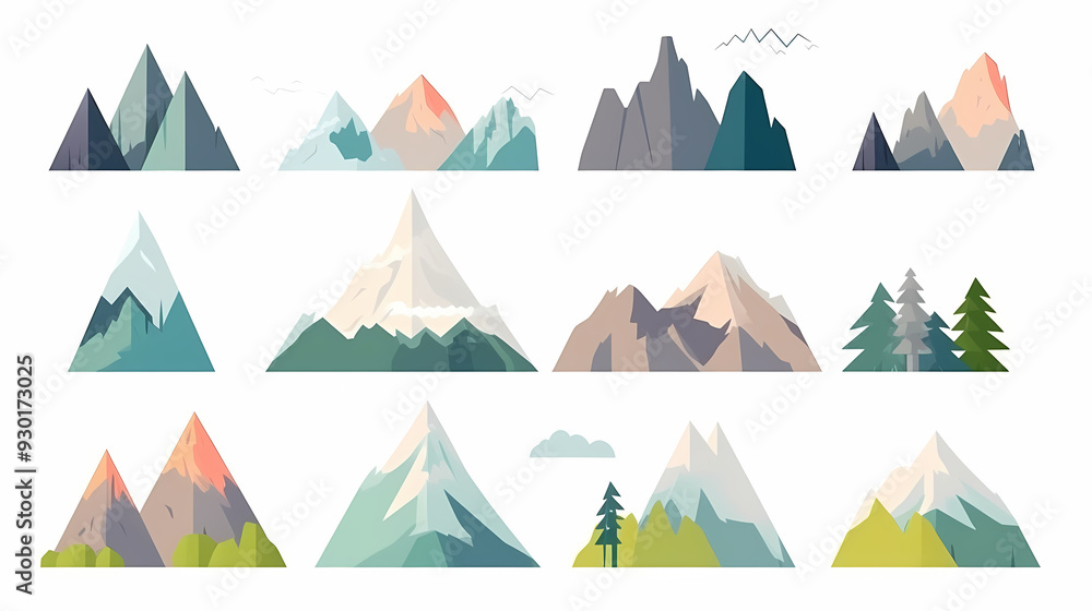 Mountain landscape vector illustration set, collection of mountains in flat design style Mountain landscape vector illustration set, collection of mountains in flat design style