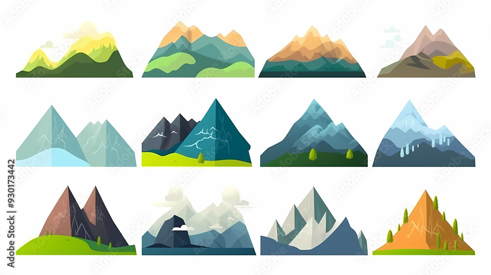 Mountain landscape vector illustration set, collection of mountains in flat design style Mountain landscape vector illustration set, collection of mountains in flat design style