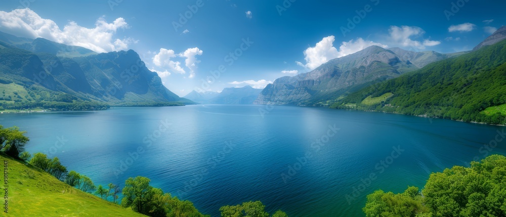 Surrounded by lush green hills, a large body of water reflects a blue sky with scattered clouds Surrounded by lush green hills, a large body of water reflects a blue sky with scattered clouds