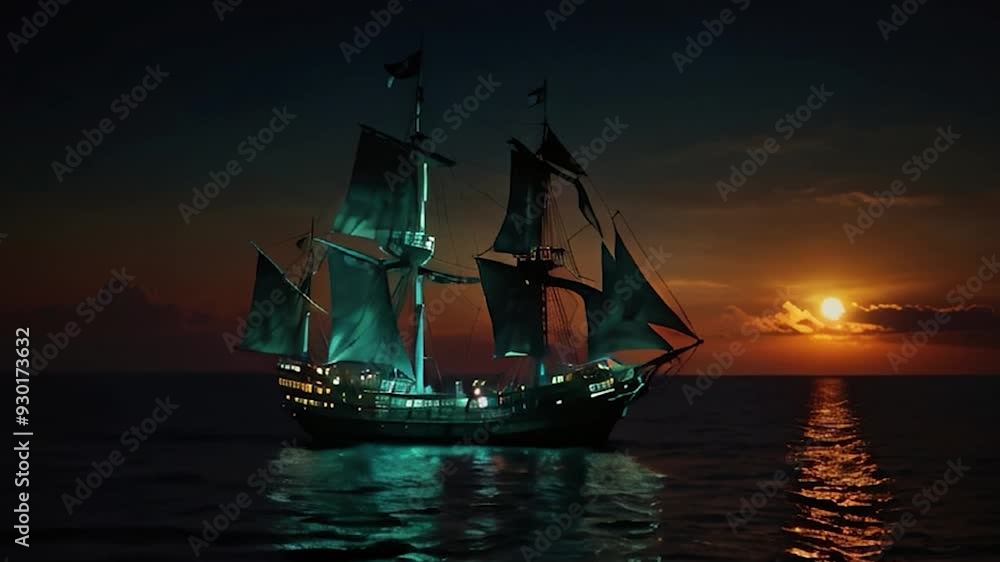 Glowing Pirate Ship Sailing at Sunset Glowing Pirate Ship Sailing at Sunset