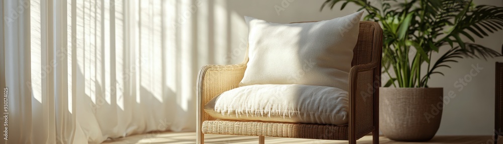 Cozy Sunlit Reading Nook with Rattan Chair and Lush Green Plant in Modern Minimalist Interior Cozy Sunlit Reading Nook with Rattan Chair and Lush Green Plant in Modern Minimalist Interior