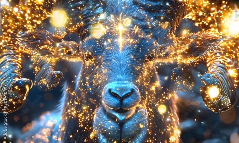A majestic ram with glowing horns and a star above its head A majestic ram with glowing horns and a star above its head