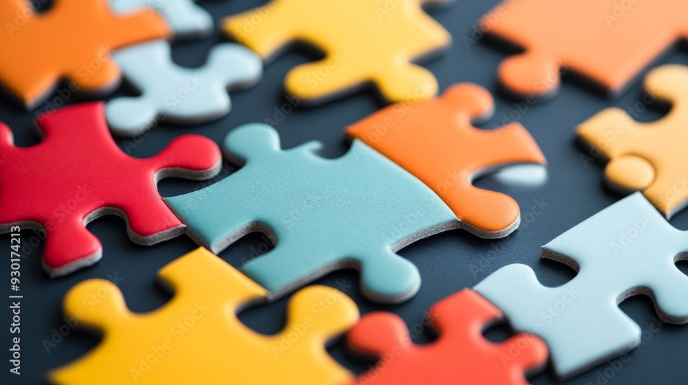 Fototapeta premium Colorful puzzle pieces scattered beautifully on a flat surface, symbolizing problem-solving and creativity.