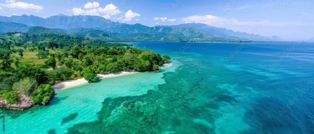 A bird's-eye perspective of an island surrounded by water, showcasing a sandy beach and mountainous backdrop A bird's-eye perspective of an island surrounded by water, showcasing a sandy beach and mountainous backdrop