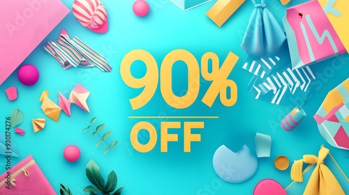 90% off sale banner with colorful objects on a blue background. photo