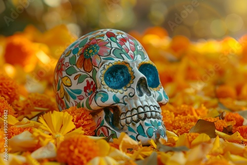 Vibrantly painted sugar skull adorned with intricate patterns rests amid golden marigold petals symbolizing Mexicos Day of the Dead celebration isolated on a gradient background