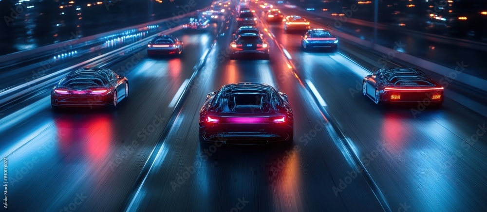 Fototapeta premium Futuristic Cars on a Neon-Lit Highway at Night with Vibrant Colors and Motion Blur